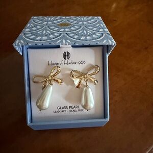 House of Harlow 1960 Gold Bow Earrings with Pearl Drop